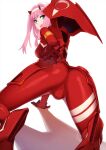  1girl all_fours ass bangs bodysuit darling_in_the_franxx feguimel green_eyes highres horns long_hair looking_at_viewer looking_back open_mouth pilot_suit pink_hair reaching_out red_bodysuit red_horns shadow simple_background skin_tight solo upper_teeth white_background zero_two_(darling_in_the_franxx) 