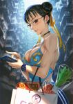  1girl bag bare_shoulders black_eyes blush breasts brown_hair building_block cellphone choker chun-li cleavage closed_mouth collarbone commentary_request company_name double_bun food glasses gold_trim highres holding large_breasts lips looking_at_viewer mhk_(mechamania) muscular pants phone shiny shiny_hair shiny_skin simple_background sleeveless smile solo street_fighter striped tied_hair upper_body vertical_stripes watch 