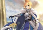  &gt;:( 1girl ahoge armor armored_dress artoria_pendragon_(all) bangs blonde_hair blue_cape blue_dress braid braided_bun breastplate cape capelet cowboy_shot determined dress dutch_angle excalibur_(fate/stay_night) fate/stay_night fate_(series) faulds fur-trimmed_capelet fur_trim gauntlets green_eyes half_updo highres holding holding_sword holding_weapon looking_at_viewer saber sidelocks solo sword tsurupy vambraces weapon 