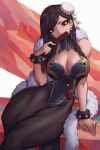  1girl bracelet braid breasts brown_eyes bun_cover chun-li cleavage closed_fan earrings eyebrows eyelashes eyeliner fan fingernails folding_fan hair_bun highres jewelry large_breasts liyart long_hair looking_at_viewer makeup muscular muscular_female pantyhose pelvic_curtain simple_background solo spiked_bracelet spikes street_fighter thick_thighs thighs 