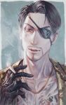  1boy absurdres between_fingers black_eyepatch black_gloves black_hair cigarette eyepatch facial_hair gloves goatee gold_necklace highres huge_filesize irezumi jacket jewelry jiao_mao leather leather_gloves looking_at_viewer majima_gorou male_focus necklace one-eyed ryuu_ga_gotoku short_hair snake_tattoo tattoo upper_body 