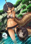  159cm 1girl arch ass_visible_through_thighs bead_bracelet beads bikini black_hair blue_sky bobbit_worm bracelet closed_mouth day dutch_angle hair_tucking hand_up horns isome_meme_(159cm) jewelry looking_at_viewer medium_hair navel original outdoors prehensile_tail purple_eyes single_horn sky smile solo striped striped_horns swimsuit tail torii veins vertical-striped_bikini vertical_stripes wading wet 
