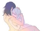  2girls ass back bangs bare_shoulders blue_hair breasts byleth_(fire_emblem) byleth_(fire_emblem)_(female) commentary_request couple edelgard_von_hresvelg fire_emblem fire_emblem:_three_houses from_side hand_on_another&#039;s_head hug long_hair looking_at_another multiple_girls nude open_mouth parted_bangs purple_eyes riromomo sidelocks simple_background sitting white_background white_hair yuri 