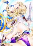  2girls armlet ass bangs blonde_hair blue_ribbon bracer braid breasts chain cleavage frilled_skirt frills hair_between_eyes hair_ribbon holding holding_shield holding_sword holding_weapon isabella_valentine multiple_girls panties parted_lips ribbon shield sitting sitting_on_face sitting_on_person skindentation skirt sophitia_alexandra soulcalibur straddling sword thighhighs traditional_media underwear weapon white_hair white_panties yqgkg 