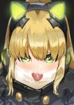  1girl absurdres bangs black_background blonde_hair cat_ear_headphones girls_frontline green_eyes headphones heart heart_in_eye highres kakikukeko556 long_hair looking_at_viewer shiny shiny_hair simple_background solo suggestive_fluid symbol_in_eye tmp_(girls_frontline) tongue tongue_out 