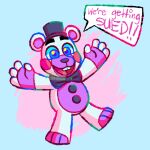  ! 2021 anthro barefoot black_nose blue_background blue_eyes bow_tie buckteeth clothing dialogue featureless_crotch five_nights_at_freddy&#039;s freddy_fazbear&#039;s_pizzeria_simulator happy hat headgear headwear helpy_(fnaf) male mammal multicolored_body open_mouth pink_background purple_body raised_arm raised_leg red_tongue round_ears simple_background smile solo speech_bubble teeth tongue toony top_hat unikhroma ursid video_games white_body yelling 