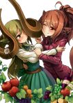  159cm 2girls :t ahoge animal_ears apple belt blush bottle breasts brown_belt closed_mouth curled_horns earrings embarrassed food fruit gran-chan_(159cm) grapes green_hair green_neckwear green_ribbon green_skirt high-waist_skirt horns huge_horns jacket jewelry large_breasts long_sleeves multiple_girls neck_ribbon one_eye_closed original ponytail red_apple red_eyes red_jacket ribbon shirt simple_background skirt smile tail white_background white_shirt wine-chan_(159cm) wine_bottle 