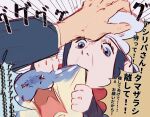  1boy 1girl asirpa biting blue_eyes blue_hair close-up commentary cosplay crossover emphasis_lines fangs female_protagonist_(pokemon_legends:_arceus) female_protagonist_(pokemon_legends:_arceus)_(cosplay) gen_3_pokemon golden_kamuy grey_background hamachamu hand_on_another&#039;s_face hand_on_another&#039;s_head head_grab head_scarf highres nostrils parody pokemon pokemon_(game) pokemon_legends:_arceus pushing_away pushing_face screaming simple_background sound_effects speech_bubble spheal style_parody sugimoto_saichi translated 