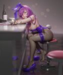  1girl 3d alcohol animal_ears bar_stool blender_(medium) blurry blurry_background bottle breasts cleavage cup drinking_glass drunk fake_animal_ears fate/grand_order fate_(series) fishnet_legwear fishnets leotard looking_at_viewer pantyhose playboy_bunny purple_hair scathach_(fate) scathach_(fate)_(all) shoes single_shoe solo stool torn_clothes torn_legwear ucupumar wine wine_bottle wine_glass 