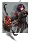  159cm 1girl black_legwear black_sailor_collar black_shirt black_skirt bobbit_worm border closed_mouth drop_shadow feet_out_of_frame hand_up horns isome_meme_(159cm) long_sleeves looking_at_viewer medium_hair original pleated_skirt purple_eyes purple_hair sailor_collar school_uniform serafuku shirt single_horn skirt socks solo standing striped_horns tail tail_mouth white_border 