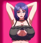  1girl arms_behind_head arms_up blush breasts cat_lingerie fate/grand_order fate_(series) feika highres large_breasts long_hair looking_at_viewer meme_attire minamoto_no_raikou_(fate) open_mouth purple_hair self_upload smile solo very_long_hair 