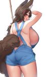  1girl absurdres animal_ear_fluff animal_ears ass bare_shoulders blush breasts brown_hair character_request copyright_request fang from_behind highres huge_breasts long_hair looking_at_viewer looking_back naked_overalls open_mouth overalls sideboob simple_background skin_fang smile solo suruga_(xsurugax) tail white_background 