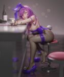  1girl 3d alcohol animal_ears animated bar_stool blender_(medium) blurry blurry_background bottle bouncing_breasts breasts bunny_ears bunny_tail cleavage cup drinking_glass drunk fake_animal_ears fate/grand_order fate_(series) fishnet_legwear fishnets leotard looking_at_viewer pantyhose playboy_bunny purple_hair purple_leotard scathach_(fate) scathach_(fate)_(all) shoes single_shoe sleepy solo stool tail torn_clothes torn_legwear ucupumar wine wine_bottle wine_glass 