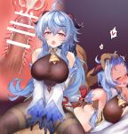  1boy 1girl absurdres ahoge bar_censor bare_shoulders bell blue_hair blush bodysuit bodysuit_under_clothes breasts censored cervix clothed_female_nude_male cowbell cross-section cum cum_in_pussy detached_sleeves ejaculation eyebrows_visible_through_hair ganyu_(genshin_impact) genshin_impact gloves heart hetero highres horns internal_cumshot large_breasts long_hair nude open_mouth overflow penis purple_eyes sex uterus vaginal yusan 
