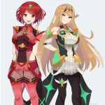  2girls bangs bare_shoulders black_gloves black_legwear blonde_hair breasts chest_jewel dress earrings elbow_gloves fingerless_gloves gem gloves headpiece highres jamesfe jewelry large_breasts long_hair looking_at_viewer multiple_girls mythra_(xenoblade) pantyhose pyra_(xenoblade) red_eyes red_hair red_legwear red_shorts short_dress short_hair short_shorts shorts super_smash_bros. swept_bangs thigh_strap thighhighs tiara very_long_hair white_dress white_gloves xenoblade_chronicles_(series) xenoblade_chronicles_2 yellow_eyes 