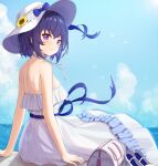  1girl absurdres alternate_costume back bag bare_shoulders benghuai_xueyuan blue_hair blue_ribbon blue_sky breasts cloud day dress eyebrows_visible_through_hair flower hat hat_flower high_heels highres honkai_(series) honkai_impact_3rd looking medium_breasts multicolored_hair nail_polish outdoors purple_hair ribbon seele_vollerei shoes_removed shorts sitting sky smile solo strapless strapless_dress sun_hat sunflower taw_(993004677) white_dress white_flower white_footwear yellow_flower 