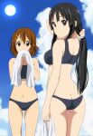  2girls akiyama_mio arm_at_side ass back bangs bare_arms bare_legs bikini black_bikini black_hair blue_sky brown_eyes brown_hair butt_crack cloud commentary_request covering_mouth day derivative_work green_eyes hair_between_eyes hand_in_hair highres hirasawa_yui holding holding_towel k-on! long_hair looking_at_viewer multiple_girls navel nozomiji outdoors short_hair shoulder_blades sky sports_bikini standing sun swimsuit swimwear thigh_gap thighs towel 