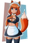  absurd_res anthro apron athletic athletic_female big_ears blue_eyes bow_tie breasts canid canine catlad cleavage cleavage_cutout clothed clothing female fluffy fluffy_tail fox frilly fur hair hi_res humanoid legwear maid_headdress maid_uniform mammal medium_breasts midriff obi orange_body orange_fur orange_hair short_hair simple_background slim smiling_at_viewer solo thigh_highs uniform wide_hips 