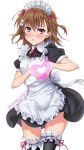  1girl :&lt; akiyama_mio akiyama_mio_(cosplay) alternate_costume apron black_dress black_footwear black_legwear blush brown_eyes brown_hair cosplay cowboy_shot dress enmaided frilled_apron frills hair_ribbon heart heart_hands isshi_pyuma k-on! leg_garter maid maid_headdress misaka_mikoto moe_moe_kyun! neck_ribbon open_mouth photoshop_(medium) red_neckwear red_ribbon ribbon short_dress short_hair short_sleeves simple_background solo thighhighs toaru_kagaku_no_railgun toaru_majutsu_no_index white_apron white_background zettai_ryouiki 