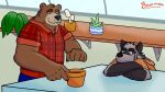  2021 anthro bearmuda bottomwear brown_bear brown_body brown_fur clothing dave_(password) dean_(password) duo fur hi_res hoodie humanoid_hands hyaenid male mammal pants password_(visual_novel) shirt striped_hyena topwear ursid ursine video_games visual_novel 