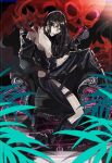  bare_shoulders black_clothes black_hair boots guilty_gear kyo_niku long_hair magic_circle pale_skin red_background red_eyes skirt skull straight_hair testament_(guilty_gear) thigh_strap 