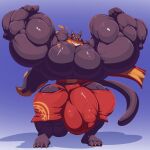  2020 4_toes anthro balls barefoot belt big_balls big_biceps big_bulge big_muscles big_pecs big_penis bobert bottomwear bulge clothed clothing feet felid feline fist flexing fur genitals gradient_background hair handkerchief hi_res huge_balls huge_biceps huge_bulge huge_muscles huge_pecs huge_penis hyper hyper_balls hyper_biceps hyper_bulge hyper_genitalia hyper_muscles hyper_pecs hyper_penis kerchief long_hair looking_at_viewer male mammal multicolored_hair muscular pants pecs penis plantigrade purple_body purple_fur simple_background solo standing toes topless 