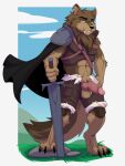  anthro armor balls barazoku canid canine canis clothed clothing coffeecat4321 digital_media_(artwork) erection fur genitals gradient_background hair knot male mammal melee_weapon muscular muscular_anthro muscular_male penis simple_background smile solo sword warrior weapon wolf wulver 