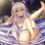  1girl azur_lane bare_legs barefoot blue_eyes blush buran_(22x) closed_mouth double_bun eyebrows_visible_through_hair floral_background hand_on_headphones headphones highres le_malin_(azur_lane) le_malin_(wednesday&#039;s_retreat)_(azur_lane) legs_up long_hair looking_at_viewer official_alternate_costume panties silver_hair simple_background sitting smile solo swimsuit swimwear underwear white_panties white_swimsuit 