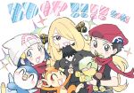  1boy 2girls :d beanie black_hair blonde_hair blush_stickers chimchar closed_mouth commentary_request copyright_name cynthia_(pokemon) dawn_(pokemon) fur_collar gen_4_pokemon grey_eyes hair_ornament hat holding holding_pokemon looking_at_viewer lucas_(pokemon) mope multiple_girls open_mouth piplup pokemon pokemon_(creature) pokemon_(game) pokemon_bdsp red_headwear red_scarf scarf short_hair short_sleeves smile sparkle starter_pokemon_trio turtwig white_headwear 