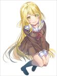  1girl akaneya-ya bang_dream! bangs blonde_hair blush breasts closed_mouth commentary eyebrows_visible_through_hair from_above full_body hanasakigawa_school_uniform hands_on_own_knees invisible_chair legs_together loafers long_hair long_sleeves looking_at_viewer medium_breasts red_neckwear sailor_collar school_uniform shoes sidelocks simple_background sitting smile socks solo swept_bangs tsurumaki_kokoro very_long_hair white_background yellow_eyes 