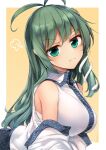  1girl :t antenna_hair bangs border breasts closed_mouth collared_shirt detached_sleeves eyebrows_visible_through_hair frog_hair_ornament green_eyes green_hair hair_ornament highres kochiya_sanae large_breasts long_hair looking_at_viewer midori_(misuriru8) nontraditional_miko pout shirt snake_hair_ornament solo touhou upper_body v-shaped_eyebrows white_border white_shirt wide_sleeves yellow_background 