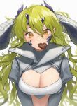  1girl arknights bangs blush breasts brown_eyes candy chocolate chocolate_heart cleavage estelle_(arknights) eyebrows_visible_through_hair food green_hair hair_between_eyes heart high_collar highres horns jfjf large_breasts long_hair long_sleeves messy_hair mouth_hold revision scar scar_across_eye simple_background solo valentine white_background 