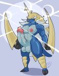  2021 abs aliasing anthro armor balls big_breasts big_penis breasts digital_drawing_(artwork) digital_media_(artwork) dual_wielding erection eyelashes fangs genitals glistening glistening_body hair headgear helmet herm hi_res holding_object holding_weapon huge_penis hyper hyper_genitalia hyper_penis intersex lense_flare mammal mdjoe melee_weapon muscular muscular_anthro nintendo nipples penis pok&eacute;mon pok&eacute;mon_(species) red_eyes samurott signature simple_background solo sword video_games weapon 