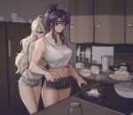  2girls bangs bare_arms bare_shoulders black_hair black_shorts breasts collarbone commentary commission cooking crop_top food frying_pan grey_hair grey_shirt hands_on_another&#039;s_hips high_ponytail highres indoors kitchen knife large_breasts long_hair looking_at_another midriff multiple_girls navel original pink_eyes ponytail popopoka purple_eyes shirt short_shorts shorts smile standing white_shirt yuri 