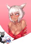  1boy 2girls absurdres ahoge alphinaud_leveilleur animal_ears bangs blush blush_stickers breasts cat_ears collarbone dark_skin dark_skinned_female elezen elf facial_mark fictional_persona final_fantasy final_fantasy_xiv highres hjz_(artemi) looking_at_viewer medium_breasts miqo&#039;te multiple_girls naked_ribbon neck_tattoo one_eye_closed open_mouth pointy_ears ribbon short_hair tattoo whisker_markings white_hair y&#039;shtola_rhul 