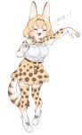  &gt;_&lt; 1girl :3 animal_ears bare_shoulders blonde_hair boots bow bowtie claw_pose elbow_gloves extra_ears fang full_body gloves high-waist_skirt highres kemono_friends kona_ming open_mouth print_gloves print_legwear print_neckwear print_skirt serval_(kemono_friends) serval_ears serval_girl serval_print serval_tail shirt short_hair skirt sleeveless solo tail thighhighs translated white_footwear white_shirt zettai_ryouiki 