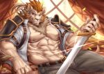  2021 abs anthro belt clothing digital_media_(artwork) felid fur hair hi_res julius_(knights_college) knights_college lion male mammal melee_weapon muscular muscular_anthro muscular_male nipples pantherine pecs rabbity solo sword weapon 