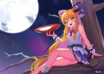  1girl :d artist_name belt bow bowtie chain cloud cup eyebrows_visible_through_hair fang feet_out_of_frame full_moon hair_bow highres horn_ornament horn_ribbon horns ibuki_suika in_tree long_hair looking_at_viewer low-tied_long_hair moon night night_sky open_mouth orange_eyes orange_hair panties purple_skirt recare red_neckwear ribbon sakazuki shirt shoe_bow shoes sidelocks sitting sitting_in_tree skirt sky sleeveless sleeveless_shirt smile socks solo touhou tree tree_branch underwear very_long_hair white_panties white_shirt wrist_cuffs 