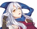  1girl artist_name bangle bangs bare_shoulders black_gloves blue_scarf bracelet dress elbow_gloves english_commentary fingerless_gloves fire_emblem fire_emblem:_radiant_dawn gloves hair_tousle half_updo hand_in_hair jewelry long_hair looking_at_viewer lying micaiah_(fire_emblem) open_mouth scarf silver_hair simple_background sleeveless sleeveless_dress solo upper_body white_background xijixis yellow_eyes 