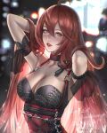  1girl abigail_diaz ahoge arm_garter blurry blurry_background breasts choker cleavage dragon_raja hair_between_eyes highres lips long_hair looking_at_viewer medium_breasts nono_(dragon_raja) parted_lips red_eyes red_hair solo upper_body watermark 