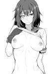  1girl blush breasts gloves greyscale highres holding kantai_collection kiso_(kancolle) lifted_by_self looking_at_viewer monochrome navel nipples scar scar_across_eye shirt shirt_lift short_hair simple_background smile solo takaman_(gaffe) 