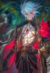  1boy blue_eyes chest_jewel choker earrings egawa_akira expressionless eyeshadow fate/apocrypha fate_(series) flower gem gloves gold hand_on_hip highres holding holding_flower jewelry karna_(fate) makeup male_focus red_eyeshadow short_hair single_earring skinny solo spiked_choker spikes white_hair 