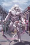  absurd_res anthro barazoku beach docks ekoi1995 felid fur genitals happy hi_res humanoid_genitalia humanoid_penis jump_rope jumping lion male mammal muscular muscular_anthro muscular_male pantherine penis pink_body pink_fur seaside solo 