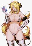  1girl animal_ears animal_print bare_shoulders bell black_collar blonde_hair breasts chariko cleavage collar commentary cow_ears cow_girl cow_print cow_tail cynthia_(pokemon) drinking_straw elbow_gloves english_commentary eyelashes fur-trimmed_gloves fur_trim gloves grey_eyes hair_ornament hair_over_one_eye hand_on_hip hand_up holding_carton horns long_hair milk_carton navel neck_bell parted_lips pokemon pokemon_(game) pokemon_dppt shiny shiny_hair shiny_skin smile solo sparkle tail thighhighs very_long_hair 