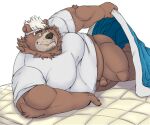  2021 anthro balls bed bedding blanket brown_body brown_fur cheezypb clothing flaccid fur furniture genitals goro_(live-a-hero) humanoid_hands live-a-hero male mammal musclegut overweight overweight_anthro overweight_male penis shirt solo topwear ursid video_games 