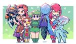  6+girls absurdres belt blue_eyes blue_skin colored_sclera colored_skin dress fi green_hair green_shirt green_shorts highres kokiri looking_at_viewer malon medli midna mipha multiple_girls orange_hair princess_ruto rariatto_(ganguri) red_eyes red_skin rito saria shirt shorts the_legend_of_zelda the_legend_of_zelda:_breath_of_the_wild the_legend_of_zelda:_ocarina_of_time the_legend_of_zelda:_the_wind_waker the_legend_of_zelda:_twilight_princess triforce white_shirt yellow_eyes yellow_sclera zora 