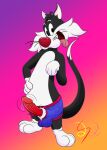  absurd_res anthro arousal blep bodily_fluids clothing domestic_cat erection felid feline felis genital_fluids genitals hi_res invalid_tag lobofeo looney_tunes male mammal paws penis precum solo sylvester tongue tongue_out underwear warner_brothers 