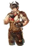  1boy anjingkuxiao bara barawa brown_eyes brown_hair brown_pants bulge collarbone cropped_legs draph facial_hair goatee goggles goggles_on_headwear granblue_fantasy hat hat_removed headwear_removed highres horns large_pectorals leather_belt male_focus mature_male muscular muscular_male one_eye_closed pants pointy_ears red_neckwear shirt short_hair sideburns sleeves_rolled_up smile solo thick_thighs thighs tight_shirt 