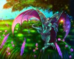  2021 claws day detailed_background digital_media_(artwork) dragon eyes_closed grass hi_res horn membrane_(anatomy) membranous_wings ods outside plaguedogs123 plant scales scalie sky smile spines tree western_dragon wings 