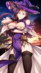  1girl absurdres breasts cleavage cluseller commission commissioner_upload cosplay fire_emblem fire_emblem_echoes:_shadows_of_valentia gloves hat highres huge_filesize large_breasts lisa_(genshin_impact) lisa_(genshin_impact)_(cosplay) long_hair looking_at_viewer purple_hair skeb_commission smirk sonya_(fire_emblem) thighhighs thighs witch_hat 
